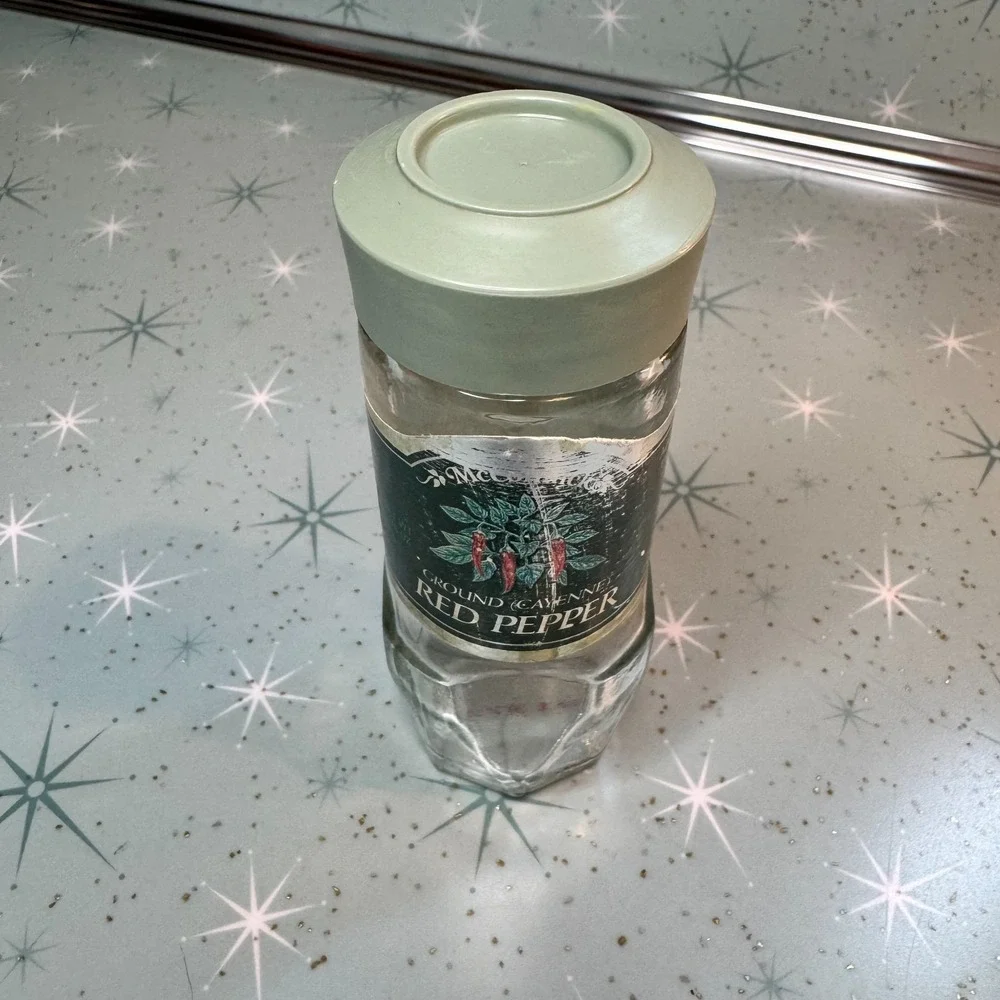 Vintage McCormick Cayenne Red Pepper Jar Green Lid and Label Glass Spice Bottle